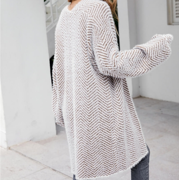 Cozy Herringbone Longline Open Front Fuzzy Cardigan - Picture 3 of 8